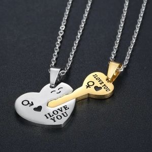 2pcs Heart Shaped Key Pendant Couple Stainless Steel Necklace Jewelry Gift